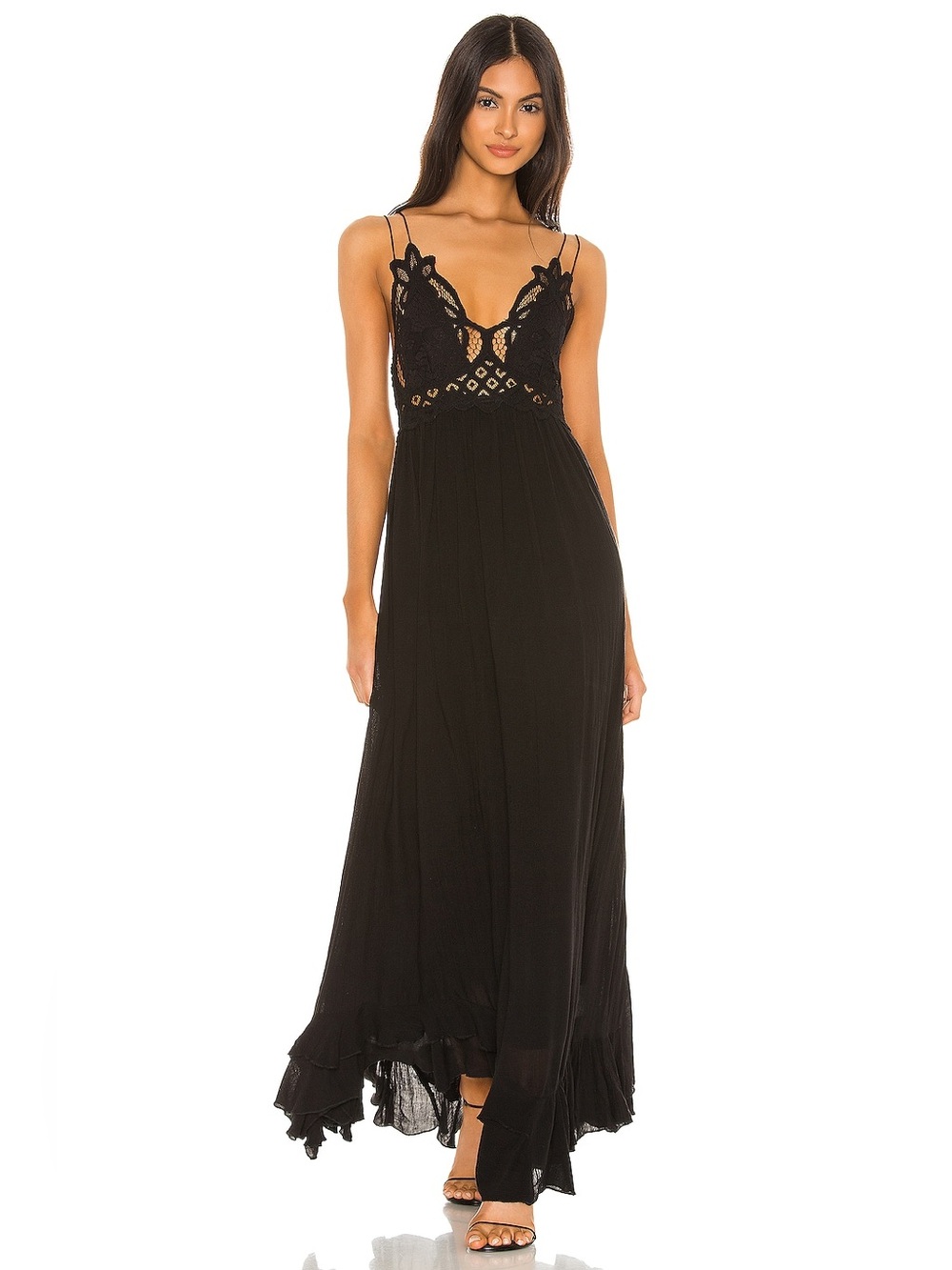 Free People FP One Adella Maxi Dress Black Lace Bodice Smocked Flowy Loose